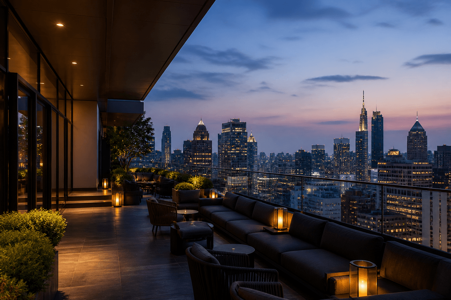 Rooftop terrace at dusk